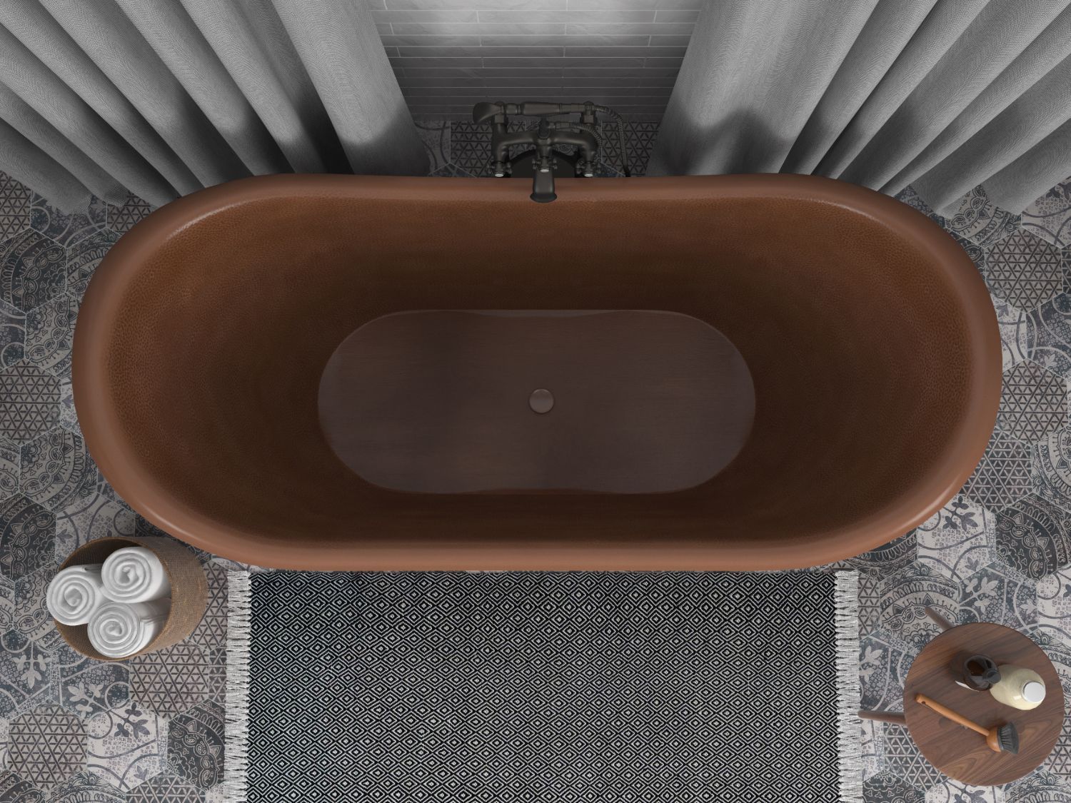 Sumatra 70 in. Handmade Copper Double Slipper Flatbottom Non-Whirlpool Bathtub in Hammered Antique Copper