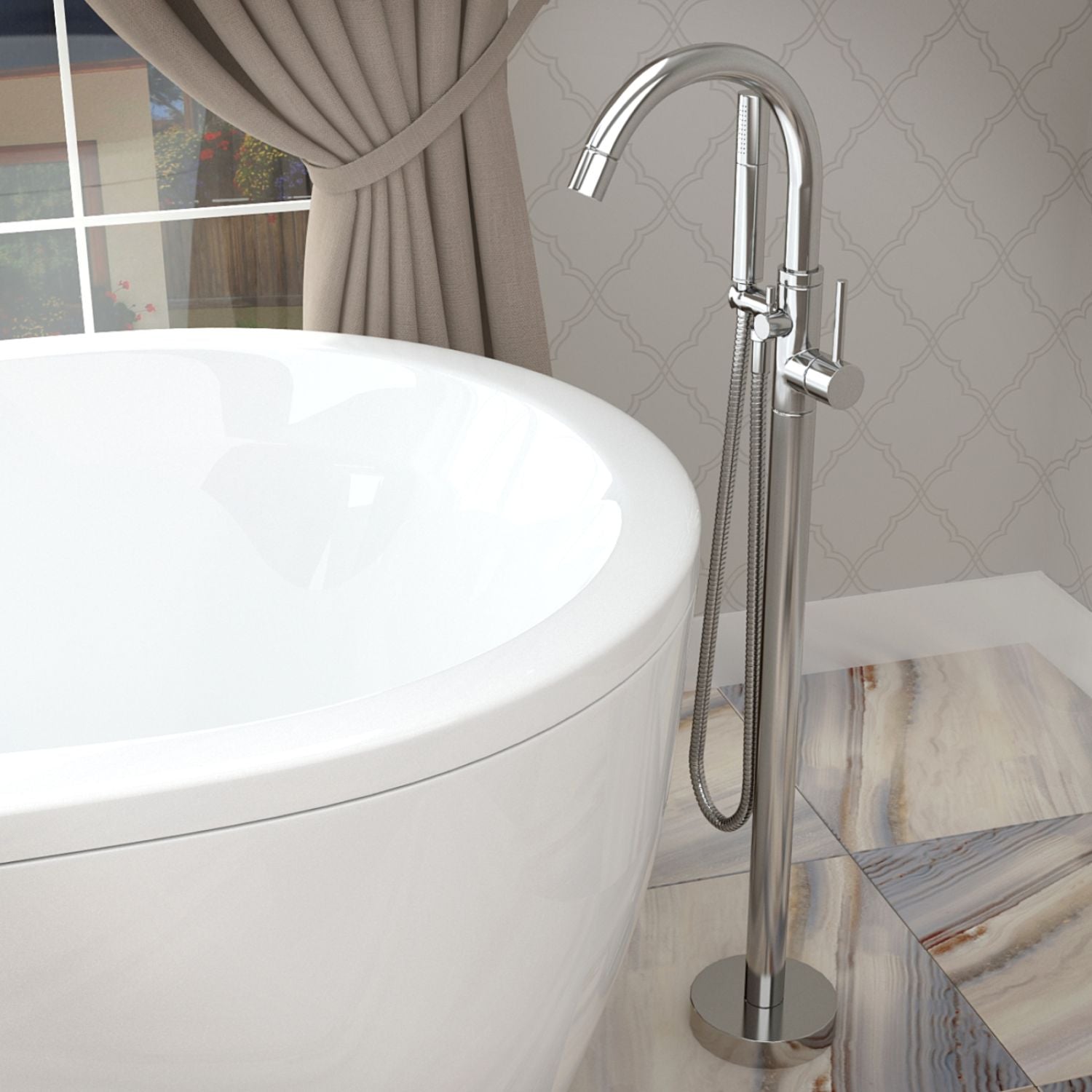 Cestino 5.5 ft. Man-Made Stone Classic Soaking Bathtub in Matte White and Kros Faucet in Chrome